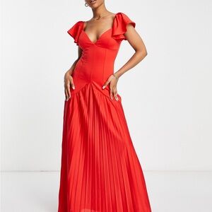 ASOS DESIGN ruffle sleeve seamed pleated maxi dress in red